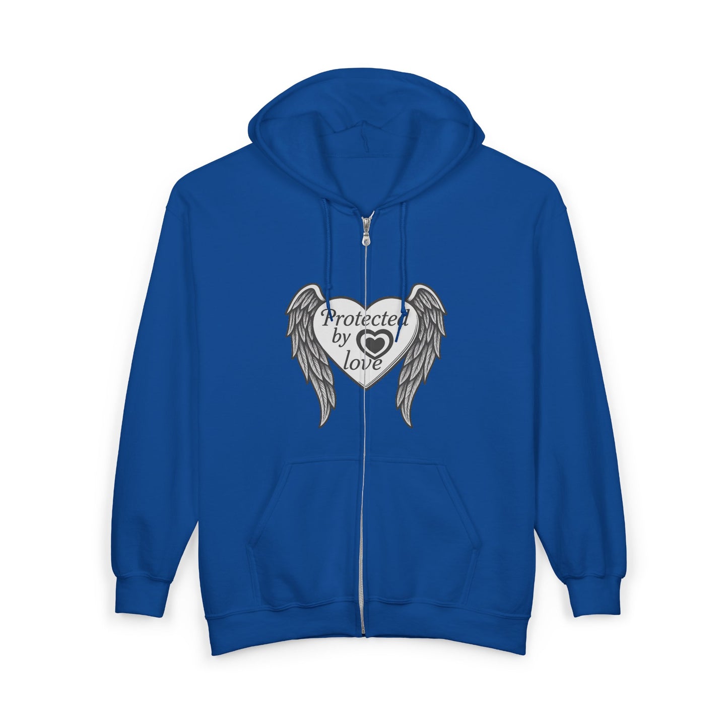 Unisex Heavy Blend™ Full Zip Hooded Sweatshirt " Protected by Love" with angel wings and heart