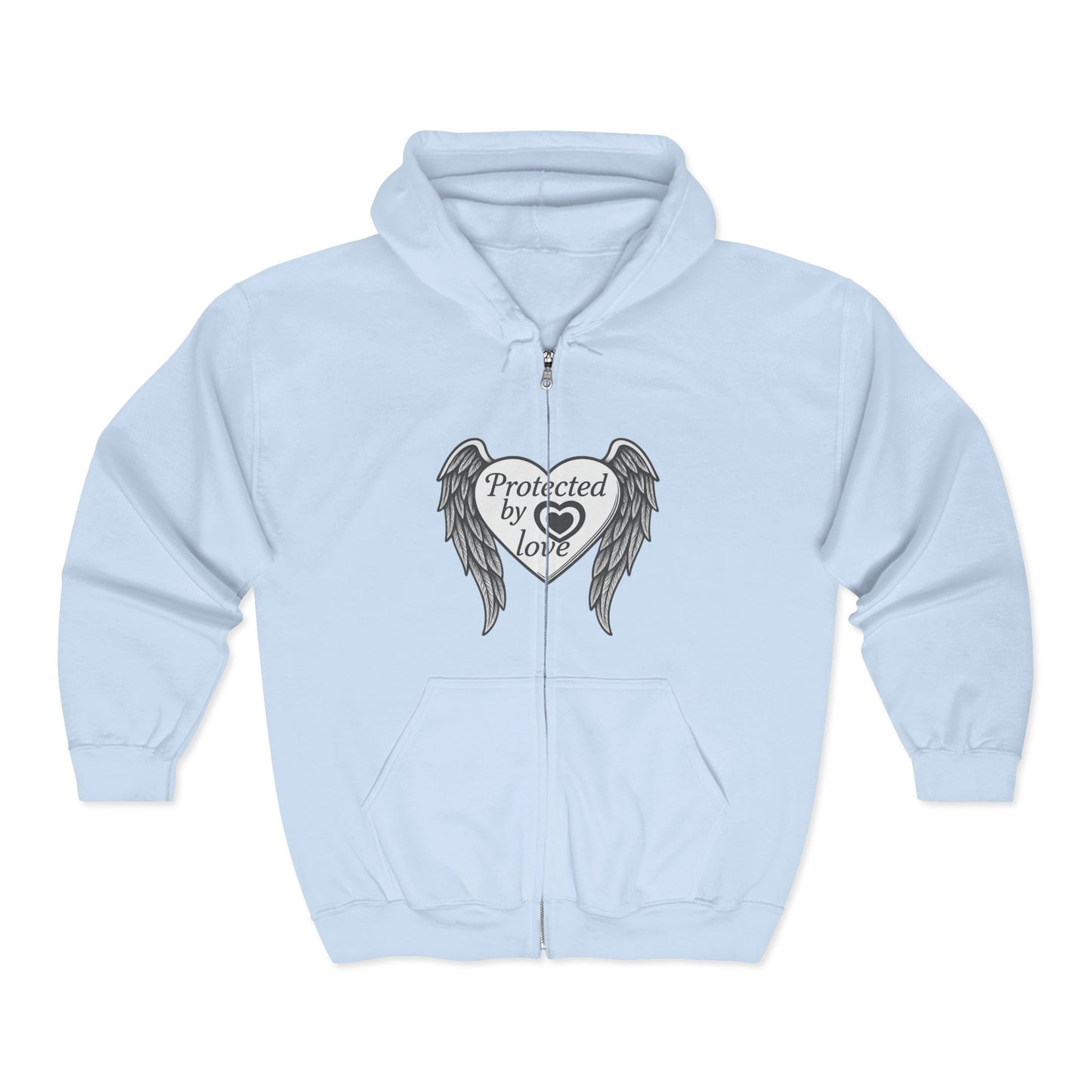 Unisex Heavy Blend™ Full Zip Hooded Sweatshirt " Protected by Love" with angel wings and heart