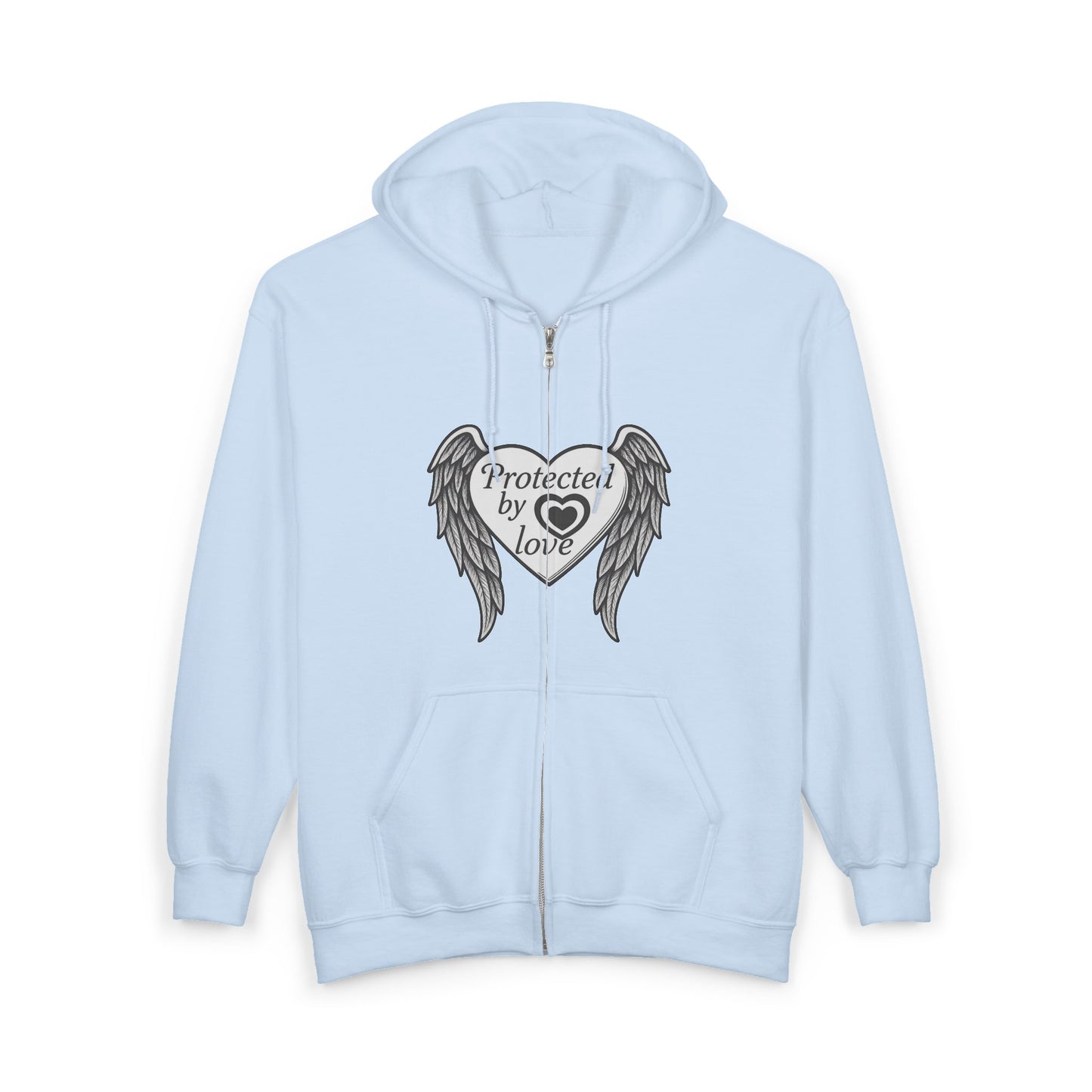 Unisex Heavy Blend™ Full Zip Hooded Sweatshirt " Protected by Love" with angel wings and heart