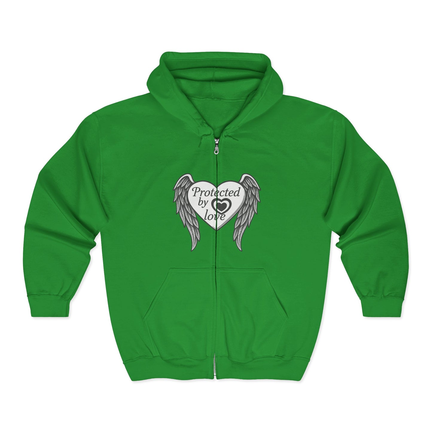 Unisex Heavy Blend™ Full Zip Hooded Sweatshirt " Protected by Love" with angel wings and heart