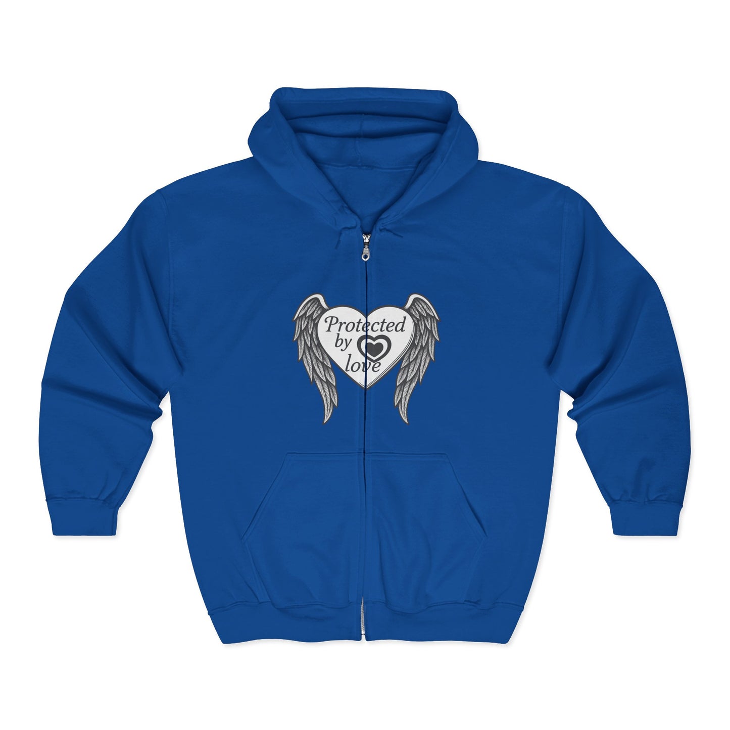 Unisex Heavy Blend™ Full Zip Hooded Sweatshirt " Protected by Love" with angel wings and heart