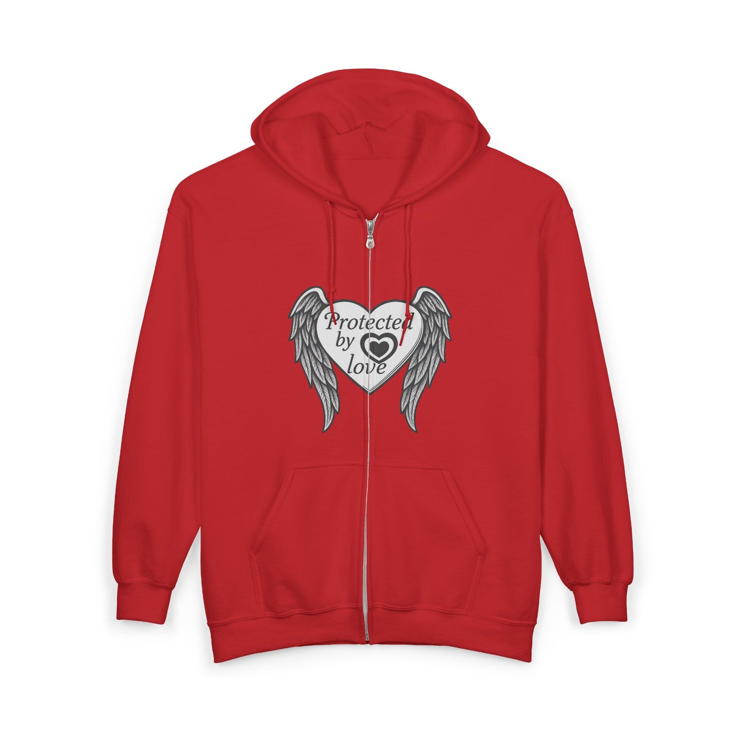 Unisex Heavy Blend™ Full Zip Hooded Sweatshirt " Protected by Love" with angel wings and heart