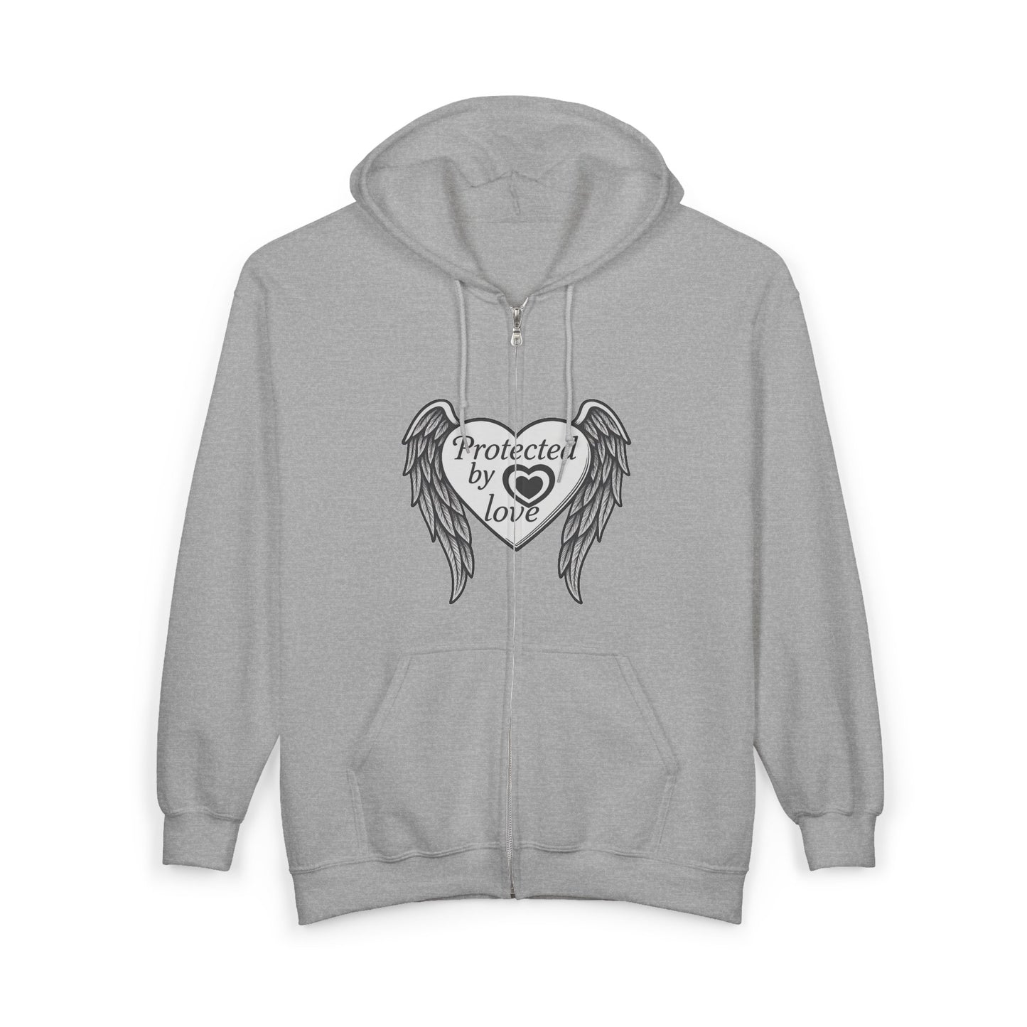Unisex Heavy Blend™ Full Zip Hooded Sweatshirt " Protected by Love" with angel wings and heart