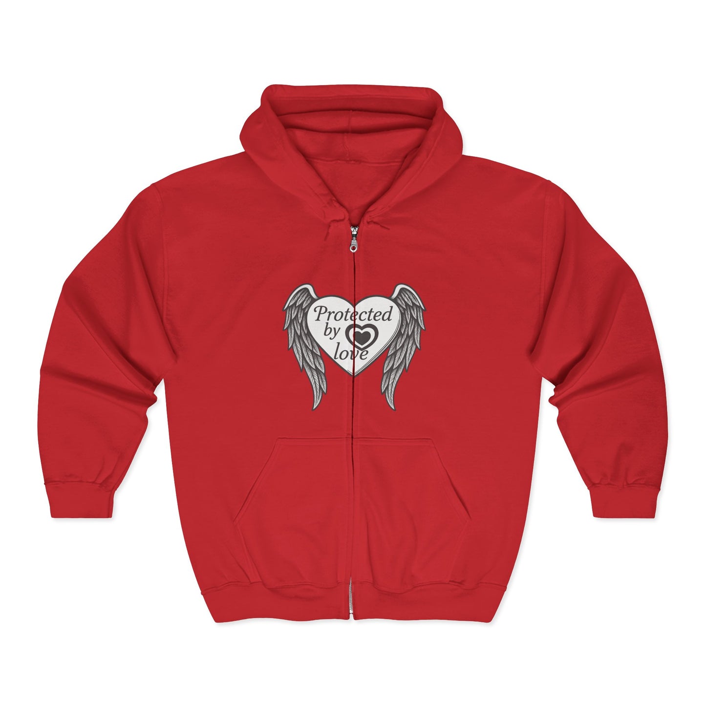 Unisex Heavy Blend™ Full Zip Hooded Sweatshirt " Protected by Love" with angel wings and heart