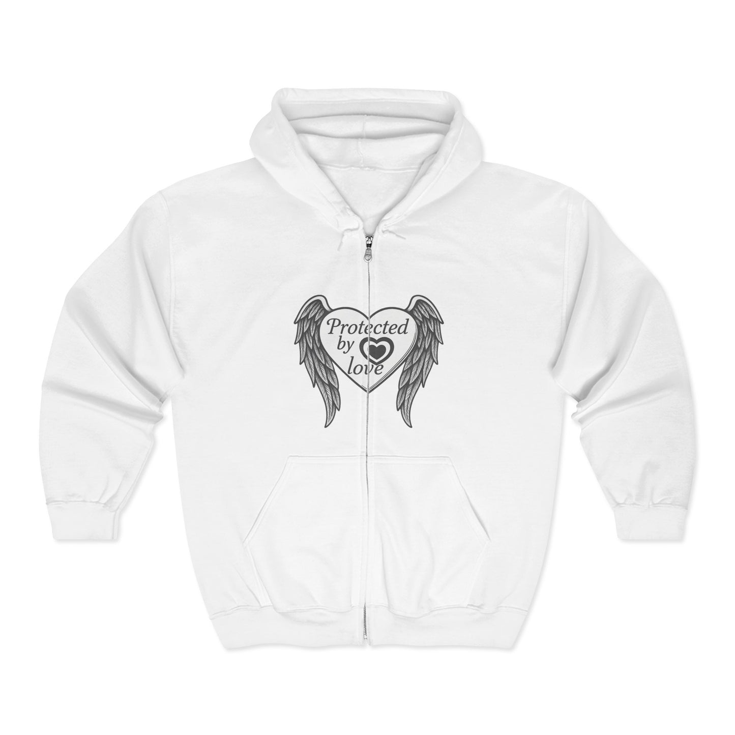 Unisex Heavy Blend™ Full Zip Hooded Sweatshirt " Protected by Love" with angel wings and heart