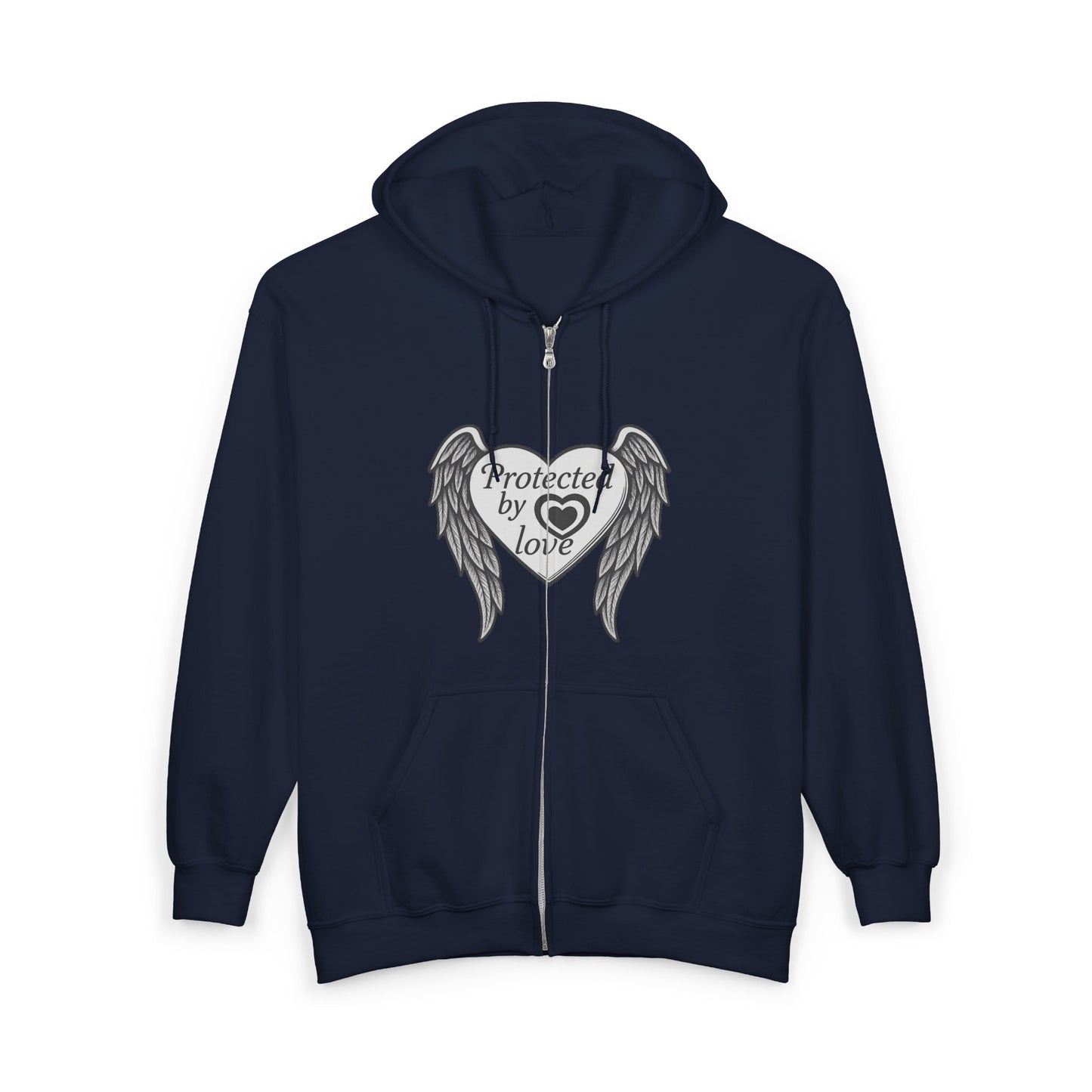 Unisex Heavy Blend™ Full Zip Hooded Sweatshirt " Protected by Love" with angel wings and heart