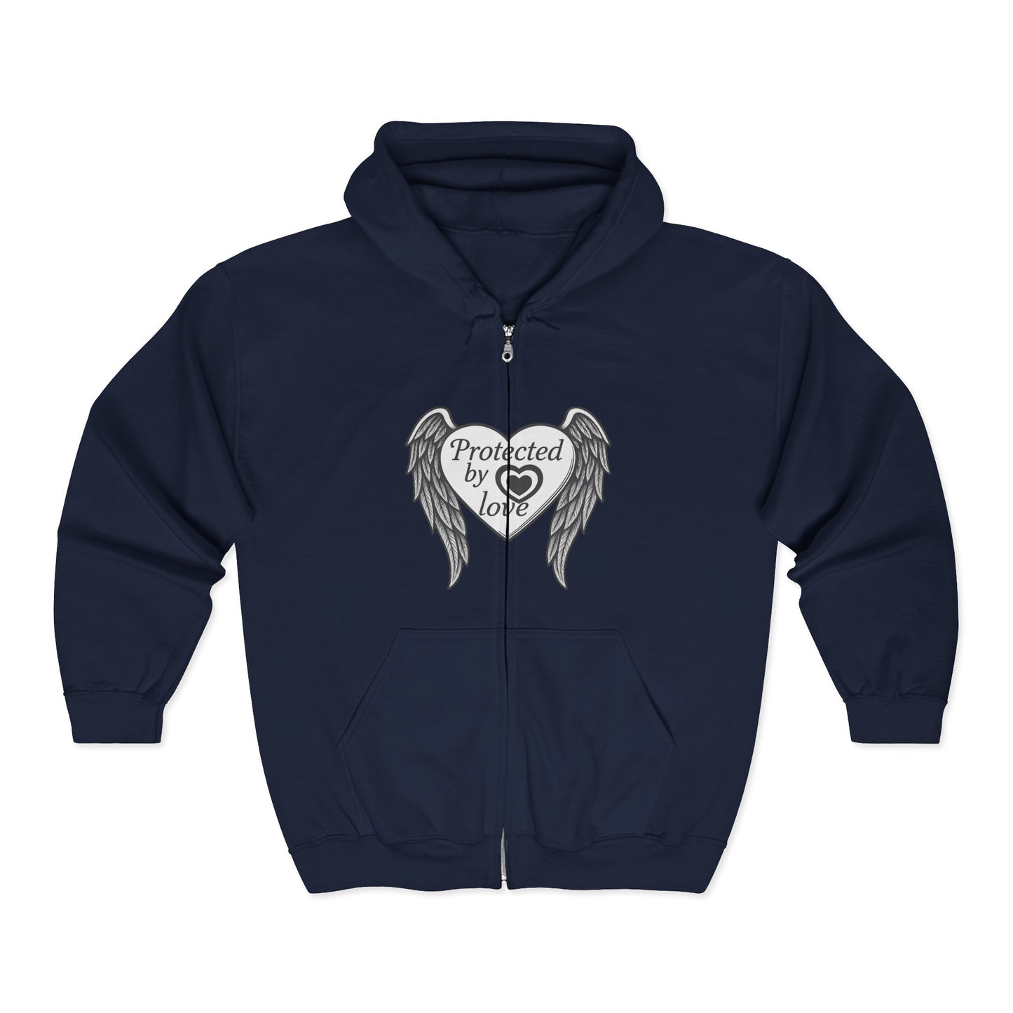 Unisex Heavy Blend™ Full Zip Hooded Sweatshirt " Protected by Love" with angel wings and heart