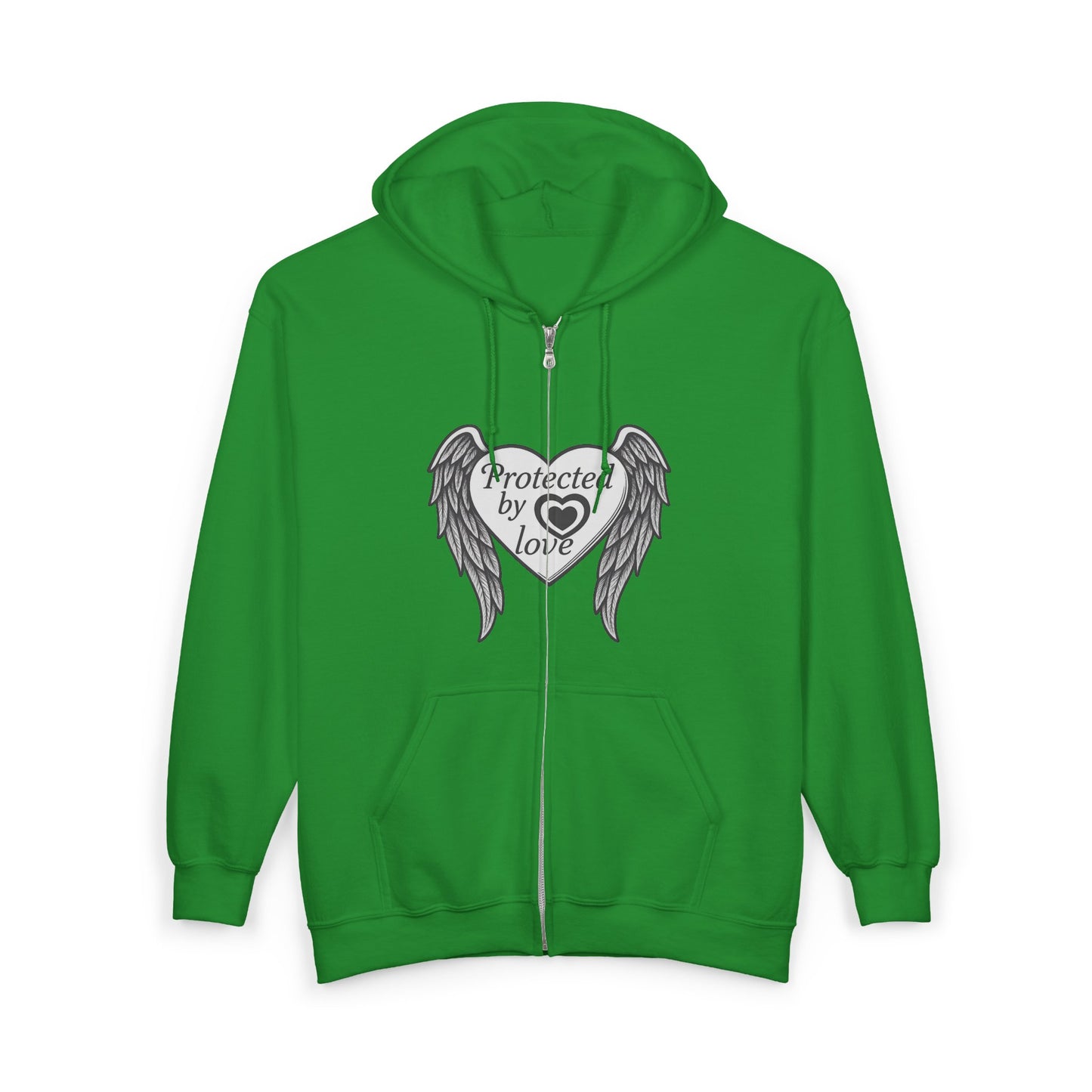 Unisex Heavy Blend™ Full Zip Hooded Sweatshirt " Protected by Love" with angel wings and heart
