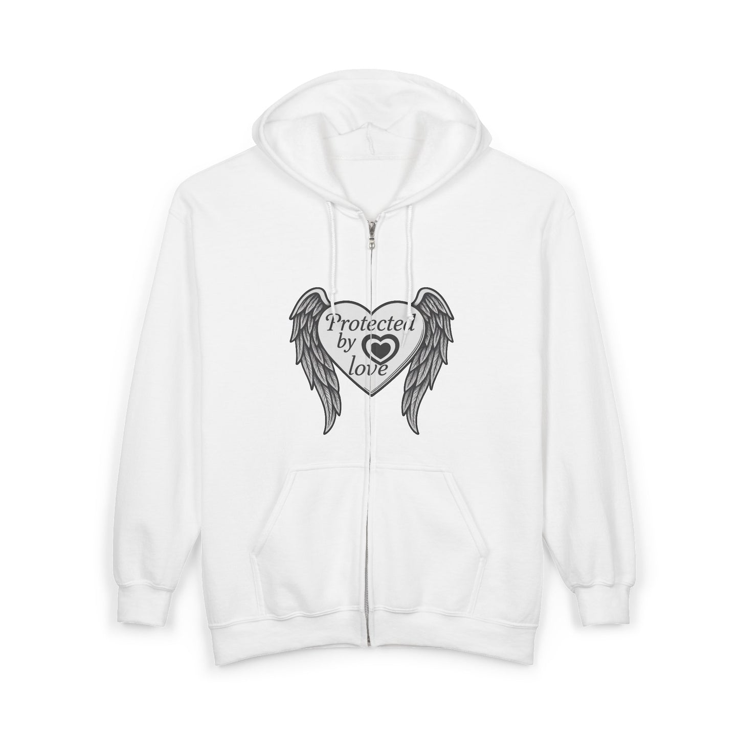 Unisex Heavy Blend™ Full Zip Hooded Sweatshirt " Protected by Love" with angel wings and heart
