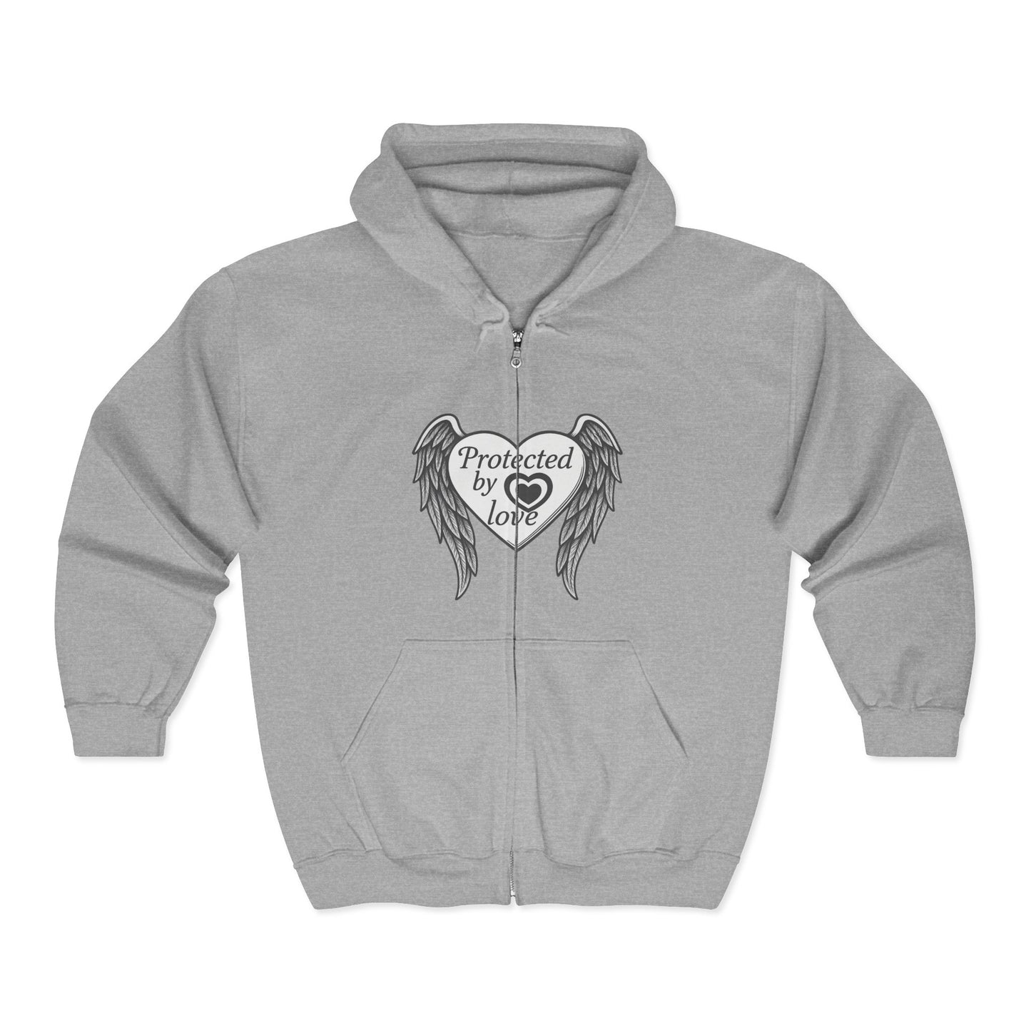 Unisex Heavy Blend™ Full Zip Hooded Sweatshirt " Protected by Love" with angel wings and heart
